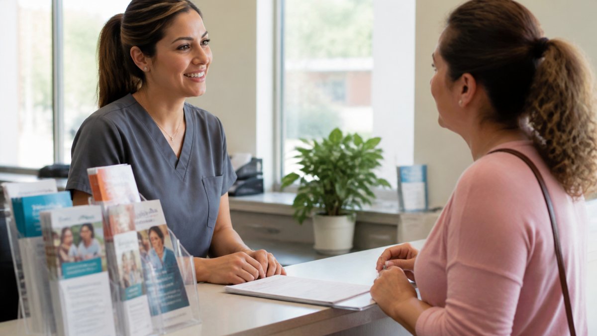 A friendly healthcare provider talking with a patient at a community health clinic front desk, with informational brochures visible on the counter and soft natural light through the windows