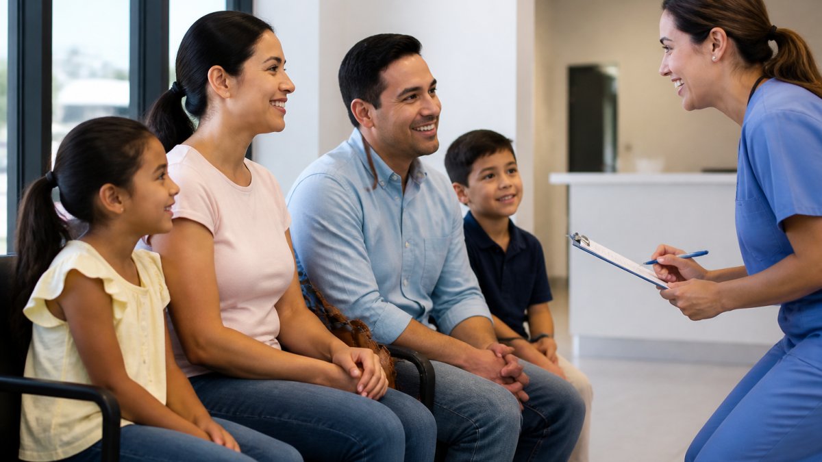 A family with children sitting in a bright, welcoming medical clinic waiting room, smiling as a healthcare provider greets them warmly with a clipboard