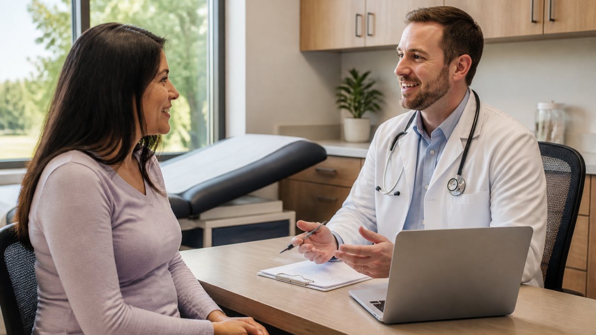 A primary care doctor sitting across from a patient in a bright, modern exam room, both smiling and talking comfortably, with a laptop and notepad on the desk, conveying a relaxed extended visit
