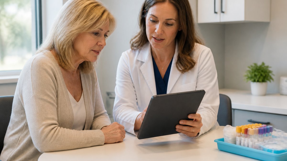 Physician reviewing hormone therapy lab results with a patient in a clinic office