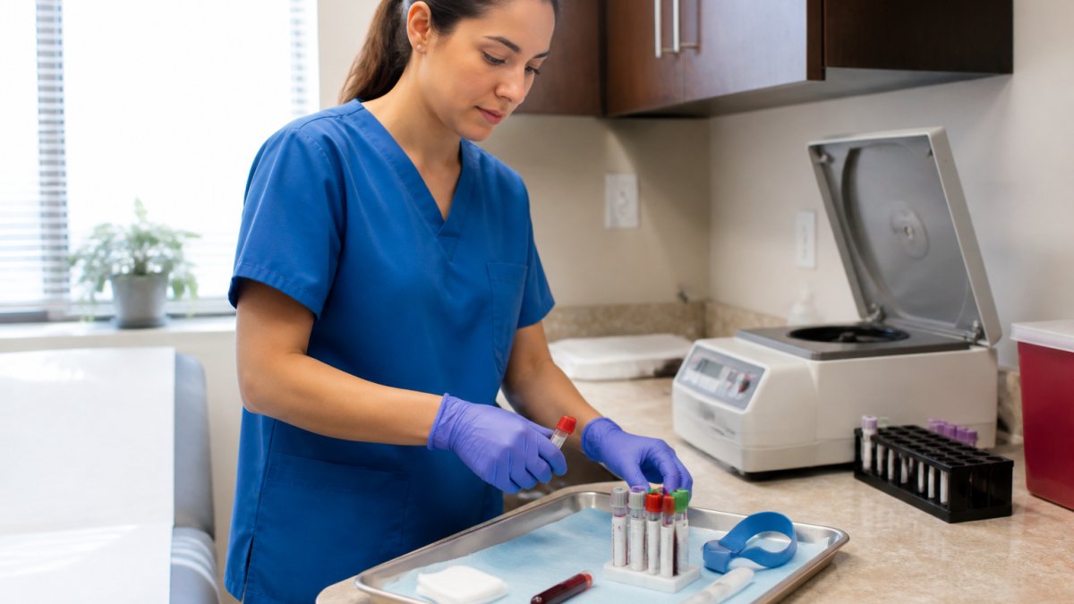 A medical assistant in scrubs preparing a blood draw tray in a bright, clean examination room, with labeled vials and a centrifuge visible in the background