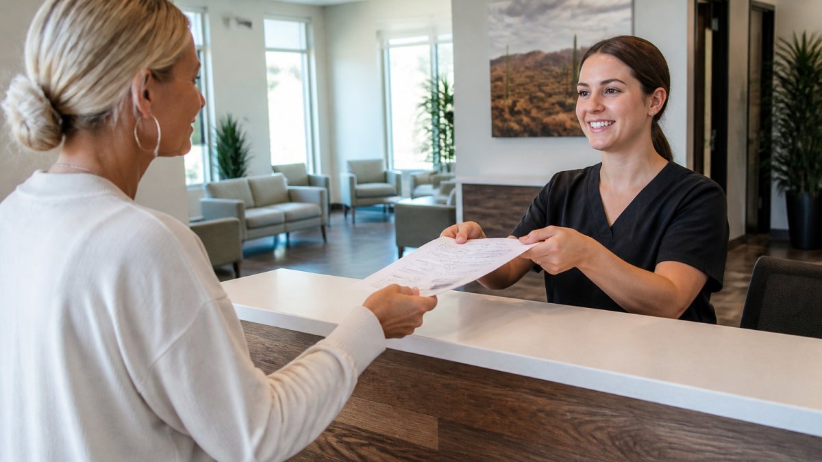A patient checking in at the front desk of a modern medical clinic, with a friendly staff member handing over paperwork, bright and welcoming lobby in the background