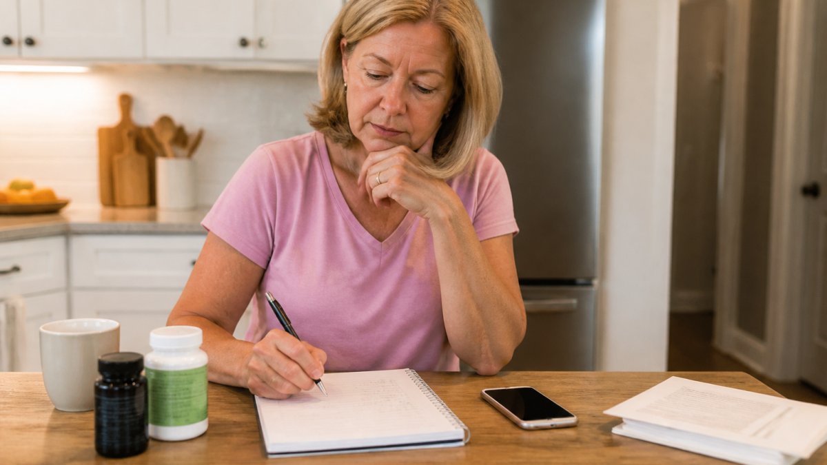 A woman in her 50s sitting at a kitchen table with a notebook, a supplement bottle, and a phone, reviewing her symptom notes before a doctor visit