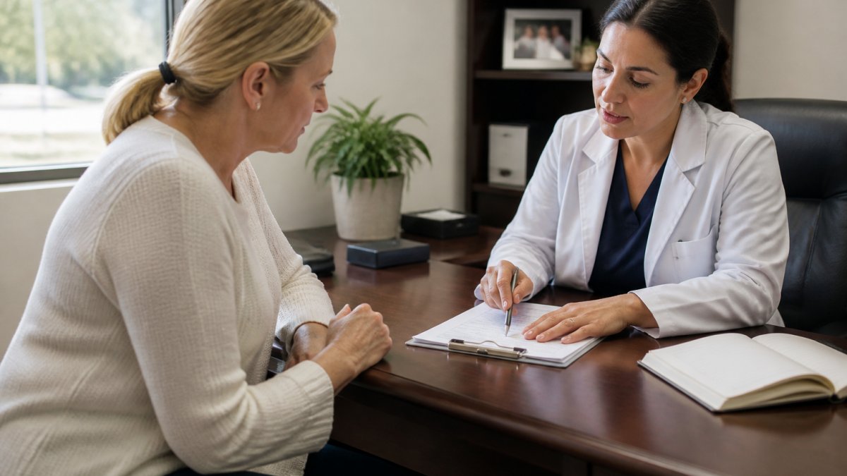 Healthcare provider and female patient discussing treatment options at consultation desk with medical charts and notes visible, natural office lighting