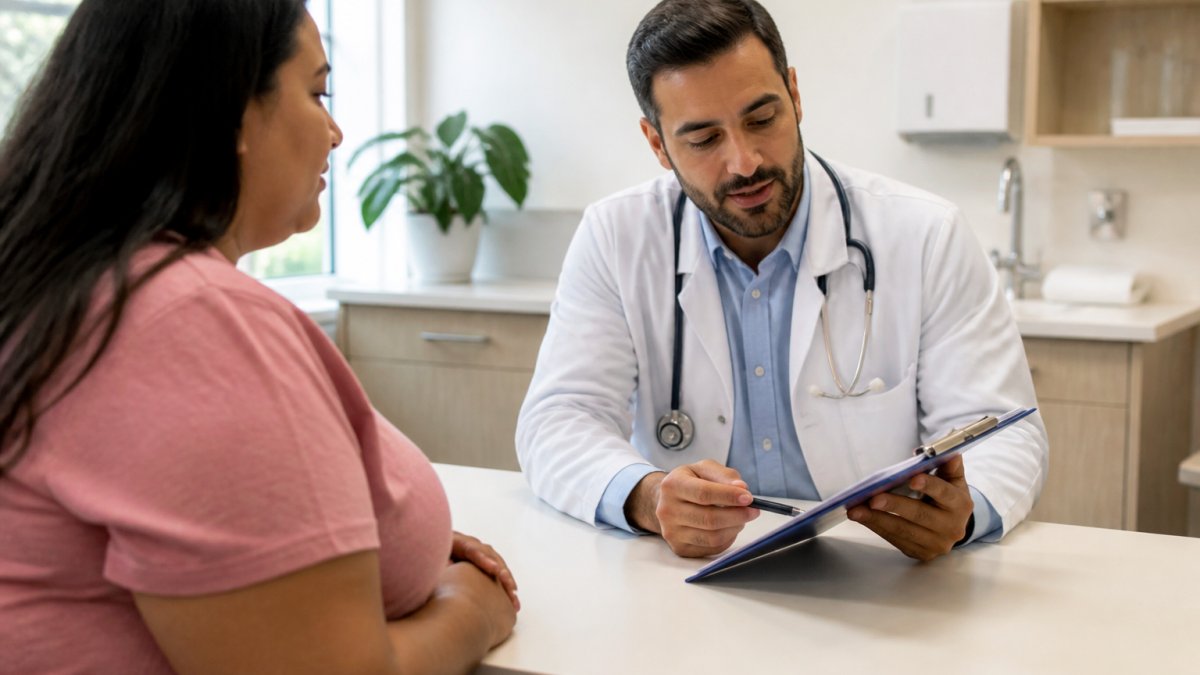 A doctor in a white coat sitting across a desk from a patient, reviewing a treatment plan on a clipboard in a bright, modern medical office